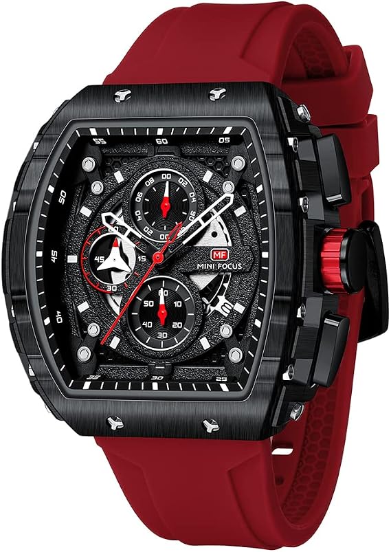 Mini Focus Men's Watches Fashion Sport Watch Chronograph/Waterproof/Luminous/Calendar Silicone Strap Quartz Watch for Men, Red_Black , Classic