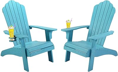 hOmeHua Oversized Adirondack Chairs Set of 2, HIPS Adirondack Chairs Weather Resistant with Cup Holder, Plastic Outdoor Chair for Patio, Backyard Deck, Fire Pit Lawn Porch Lake Blue