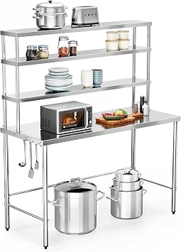 ROVSUN Open Base Stainless Steel Table with Overshelves 48" X 24", NSF Commercial Heavy Duty Pre Table with Adjustable Undershelf & Detachable Hooks for Kitchen Restaurant