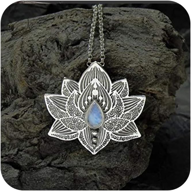 SUKKCCNO Vintage Sterling Silver Moonstone Lotus Necklace Handmade Retro Delicate Engrave Lotus Flower with Teardrop Moon Gemstone Pendant Necklaces Yoga Spiritual Jewelry Gifts for Women