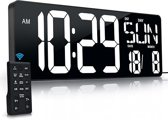 Large Digital Wall Clock with Remote Control 17.2" LED Large Display Timer with Temperature Date Week Auto DST Adjustable Brightness, Big Wall Alarm Clock for Office (080White)
