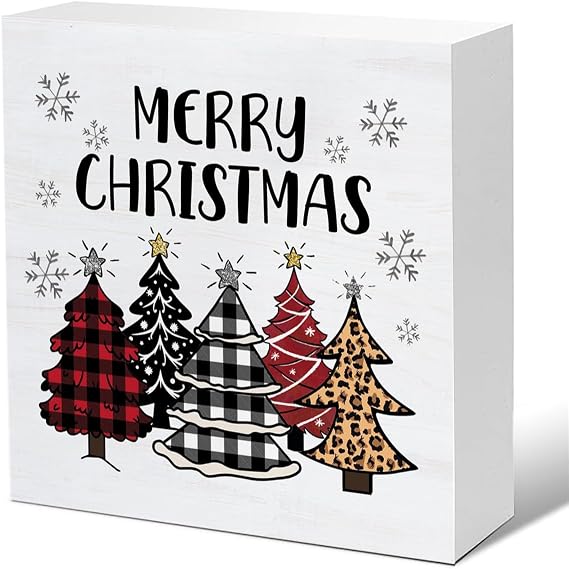 Merry Xmas Sign Decor, Xmas Trees Snowflake Wooden Plaque | Funny Gifts, Farmhouse Christmas Decor - 5 x 5 Inches