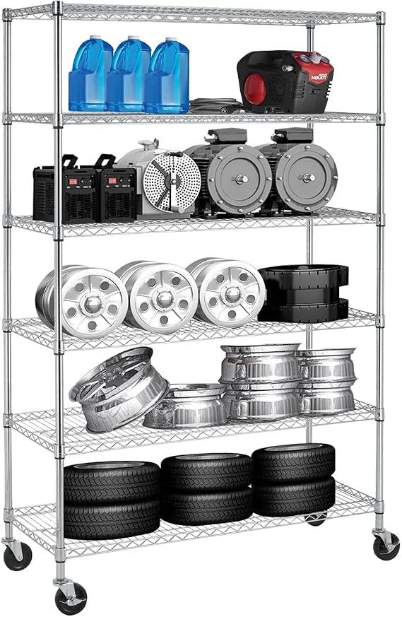 6-Tier Heavy Duty Wire Shelving Unit - 6000lb Capacity, Adjustable NSF Metal Storage Rack with Wheels, 48" L18" W78" H for Garage, Pantry, Kitchen - Chrome