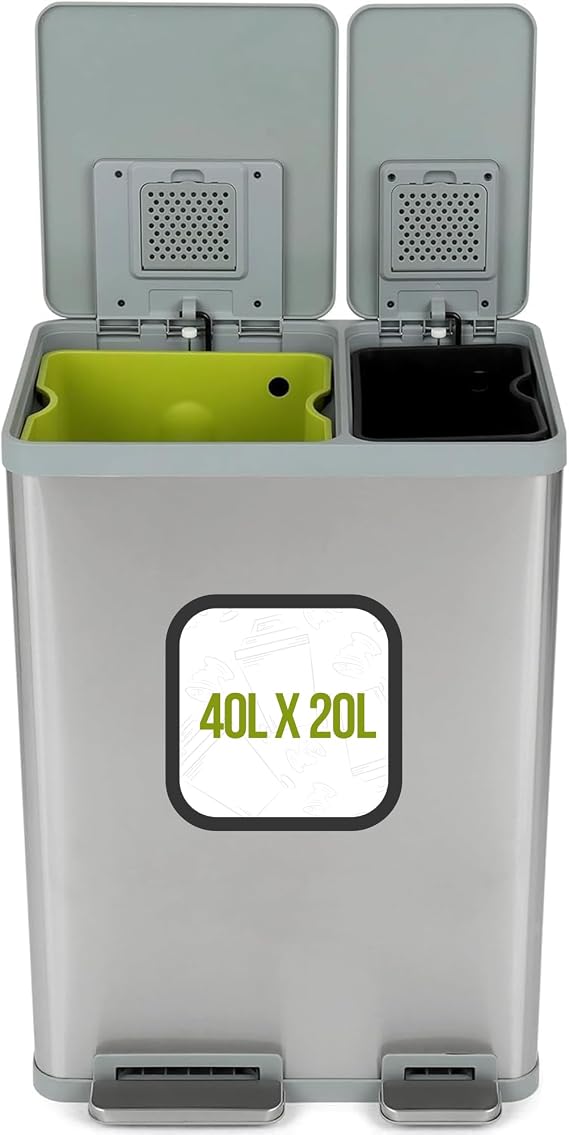 60 Liter / 16 Gallon Rectangular Hands-Free Dual Compartment Recycling Kitchen Step Trash Can with Soft-Close Lid, Brushed Stainless Steel (40L + 20L Capacity)