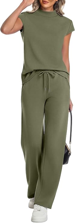 Casly Lamiit Two Piece Sets for Women 2026 Summer Travel Outfits Mock Neck Cap Sleeve Tops Lounge Set Wide Leg Pants