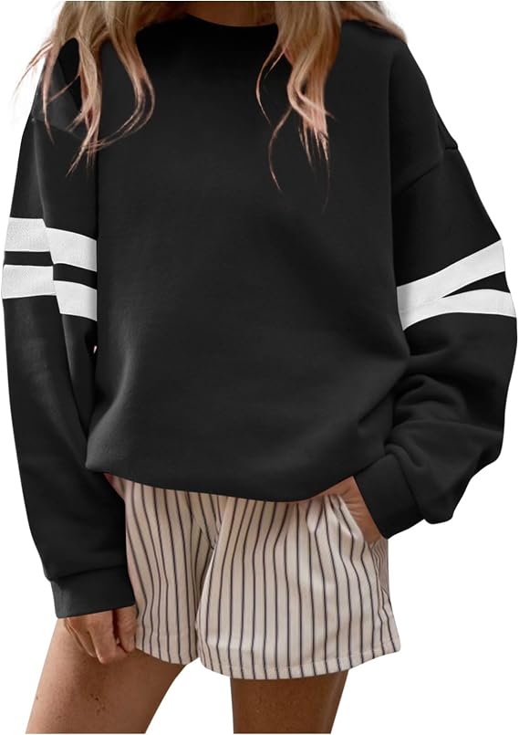 Womens Oversized Crewneck Sweatshirt Striped Pullover Long Sleeve Tunic Tops to Wear with Leggings Fall Y2K Clothes