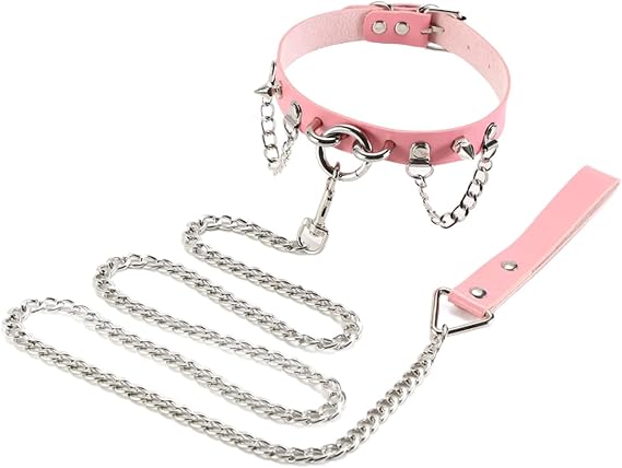 Soft Leather Collar and Leash Set, Ring Charm Adjustable Pet Collars with Dog Chain Leashes for Neck 11-15 inches (Pink)