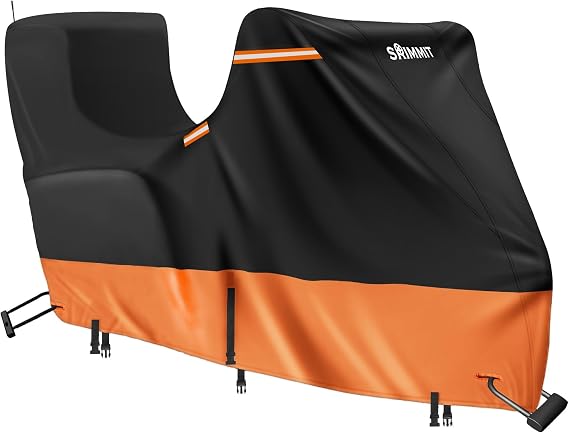 Touring Motorcycle Cover with Side+Top Box,420D Waterproof Motorbike Cover, 5 Reflective Strips,Air Vents,3 Windproof Buckles,Antenna Zipper, Outdoor Protection(118" x 44" x 56" Black & Orange)