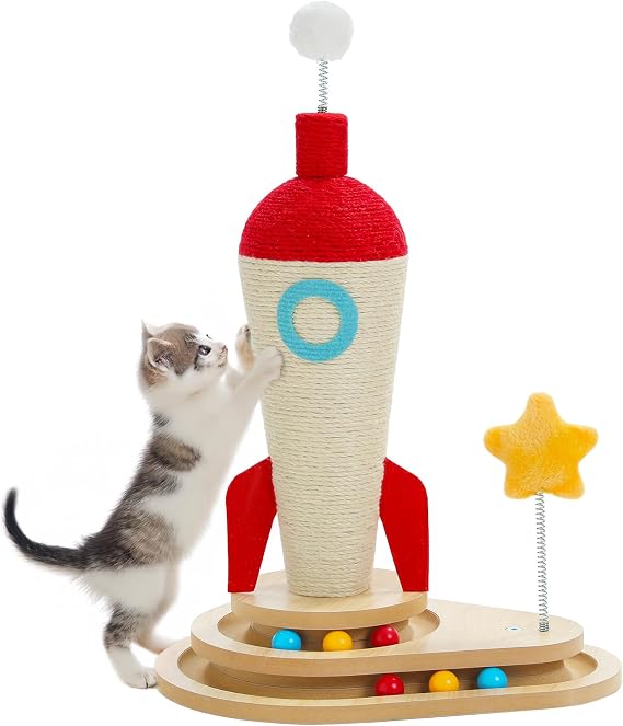 PETEPELA Cute Cat Scratching Post for Indoor Cats 24.8 Inches, Rocket Scratcher with Interactive Cat Toy, Blue & Red
