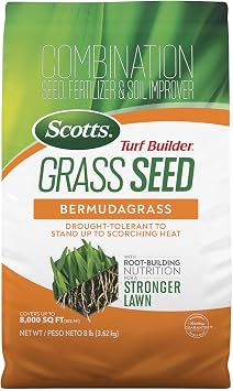 Scotts Turf Builder Grass Seed Bermudagrass Lawn Seed with Grass Fertilizer and Soil Improver, Drought-Tolerant, Covers up to 8,000 sq. ft., 8 lb.