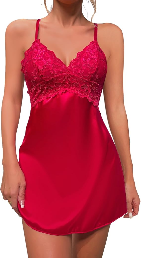 dream love Women Lingerie V Neck Nightwear Satin Sleepwear Lace Chemise Mini Teddy S-XXL