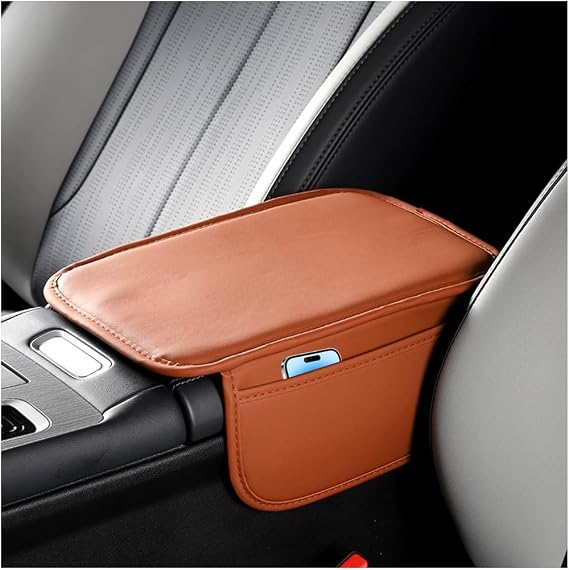 Car Center Console Cover, Soft Leather Stylish Vehicle Seat Armrest Protector Cushion with 2 Storage Bags, Automotive Arm Rest Storage Box Mat Pad, Universal for Most Vehicles (Coffee)