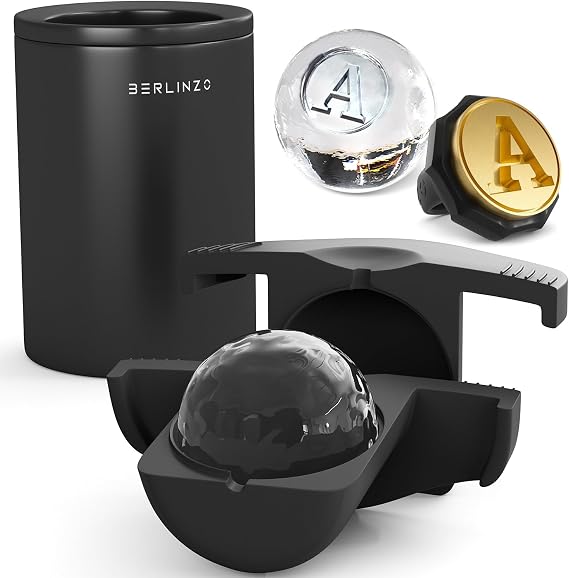Berlinzo Premium Clear Ice Ball Maker Mold with Stamp Ring Letter A - 1 Crystal Clear Ice Ball - Easy-to-Remove Ice Sphere Mold - Storage Bag Included, Non-Electric