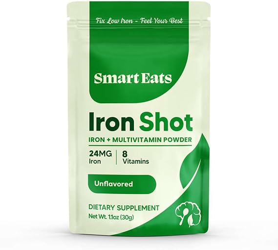 Smart Eats Iron Shot: 2-in-1 Iron-Multivitamin Blend | Highly Absorbed | Avoid Side Effects | 24mg Ferrous Glycinate | Vitamins B12, C, D, More | Boost Hemoglobin, Ferritin | Unflavored | 30 Scoops
