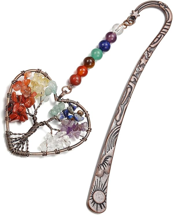 Jovivi 7 Chakra Life Tree Crystal Heart Bookmark for Women Men Book Lovers