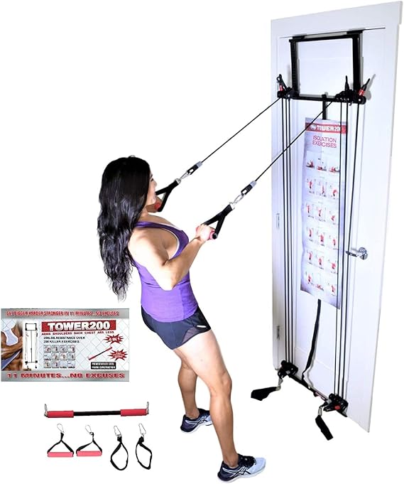 Complete Door Gym Full Body Workout | Home Gym Fitness Exercise System Total Body Strength Training | Includes Heavy Duty Resistance Bands, Straight Bar, 2x Hand Grips, 2x Ankles Straps, DVD