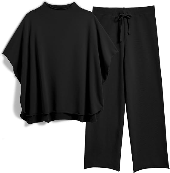 Ainangua Women Casual Two Piece Outfits 3/4 Batwing Sleeve CrewNeck Pullover Top Wide Leg Pants Lounge Sets Sweatsuit