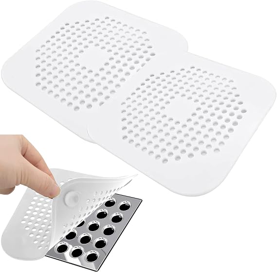 Shower Drain Hair Catcher - Silicone Square Drain Cover for Shower or Kitchen Drain - Catches Hair & Debris Without Blocking Drainage - 5.7- inch Square Drain with Suction Cups 2 Pack (White)