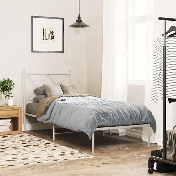 White Single Metal Bed Frame 80x200cm with Headboard, Robust Steel Slatted Base, Under-Bed Storage for Child, Guest or Dorm Room Loft