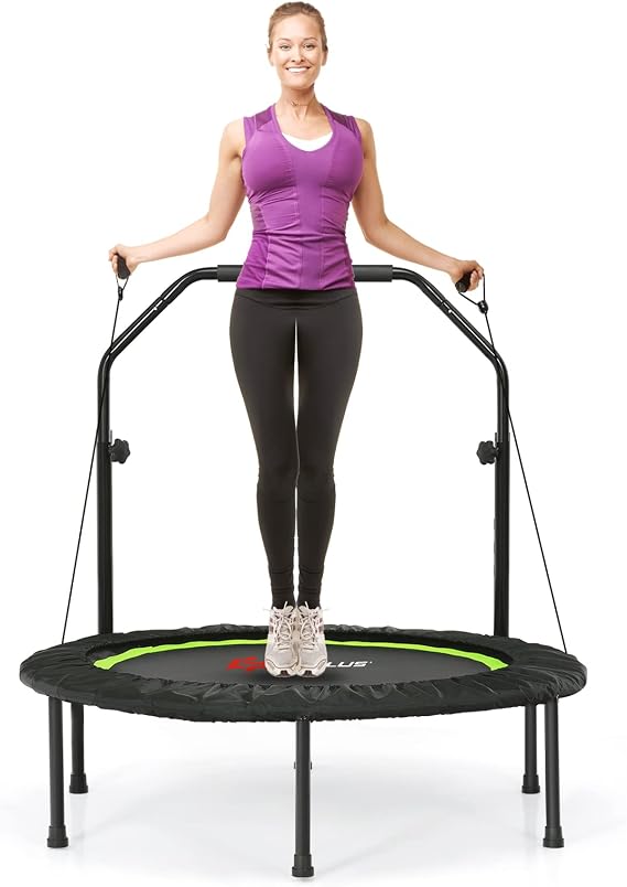 Goplus 40 Folding Fitness Trampoline, Portable Mini Exercise Rebounder 4-Level Height Adjustable Safety Handrail, 2 Resistance Bands, Indoor Outdoor Workout Trampoline for Adults Kids (Green)