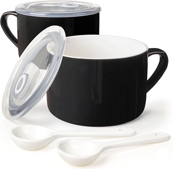 Soup Bowls with Handles & Spoons, 30oz Ceramic Ramen Bowl with Lid, Large Soup Mugs/Cups for Instant Noodle, Big Cereal Bowls for Oatmeal, Soup Containers with Lids, Set of 2, Black