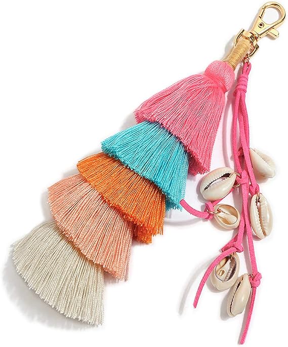 Tassel Pom Pom Key Chain Colorful Boho Charm Key Ring, Fashion Accessories for Women