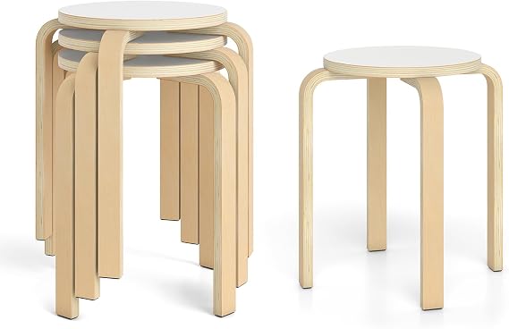 GIANTEX Wood Stackable Stools Set of 4, 18" Round Backless Classroom Stools | Bentwood Stacking Nesting Stools, School Chairs, Flexible Seating for Classroom Kitchen Dining Room, Students,Natural & White