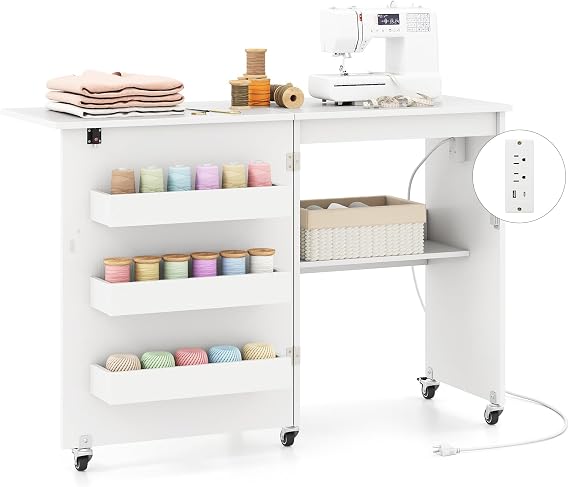 Nightcore Folding Sewing Table, Multipurpose Craft Table with Charging Station, Lockable Casters, Rack and Storage Shelves, Space-Saving Cart, Sewing Desk Cabinet for Living Room Home Studio