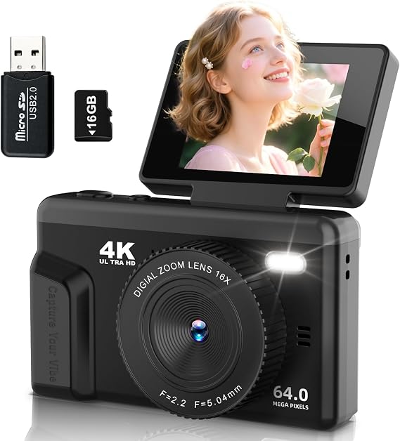 Digital Camera 4K 64MP Compact Vlogging Camera, 16G Card, 2.4" Flip Screen