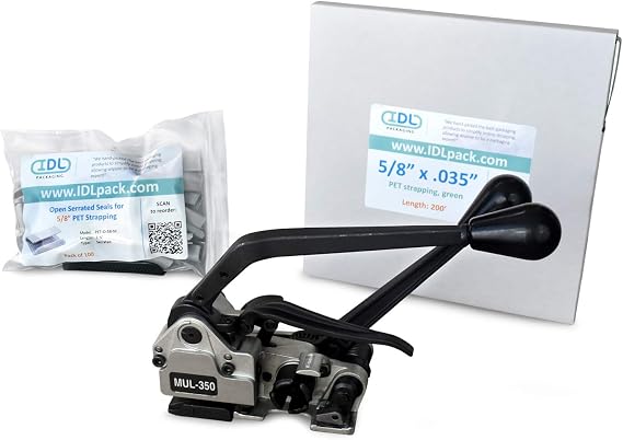 IDL Packaging Ultimate 5/8" x 200' Polyester (PET) Strapping Kit, 1400 lbs Break Strength Portable Banding Kit with 3-in-1 Combination Tool Enough Strapping and Seals for 100 Uses Before Refill
