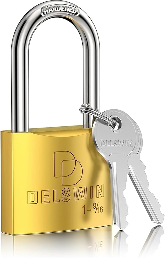 DELSWIN Weatherproof Padlock with Key - Heavy Duty Solid Brass Locker Lock with 1-9/16" Long Shackle, Marine Grade Pad Lock for Outdoor Gate, Fence, Shed (1 Pack)