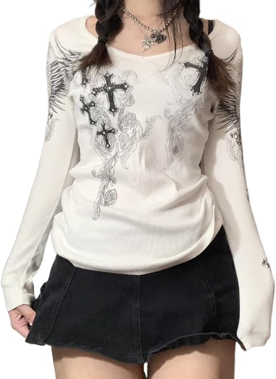 Women Fairy Grunge Aesthetic Shirts Tops Long Sleeve V Neck Tops Girl Basic Slim Fit Blouse Streewear