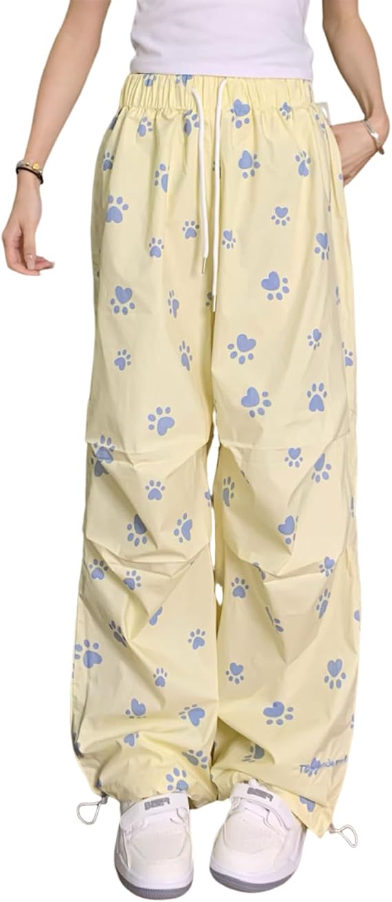 Hewlshawn Womens Pants Elastic Waist Cute Prints Lightweight Drawstring Loose with Pockets Summer Pants