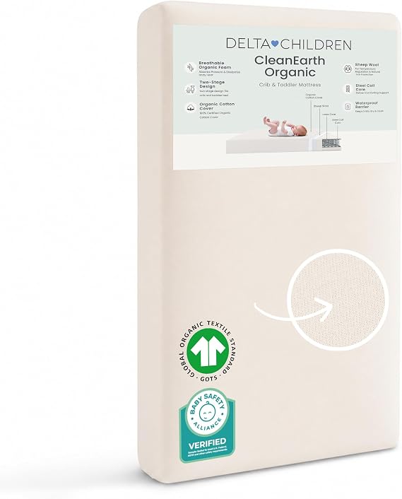 Delta Children CleanEarth Certified Organic Crib and Toddler Mattress GOTS Certified, Non-Toxic Breathable Baby Mattress - Regulates Temperature,