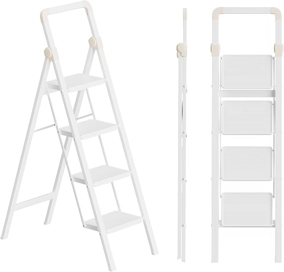 SOLADDER Step Ladder 4 Step Folding Stool with Anti-Slip Widened Sturdy Pedal and Handgrip, Portable and Multi-Use Iron Stepladder for Home, Kitchen, 300 lbs Capacity -White