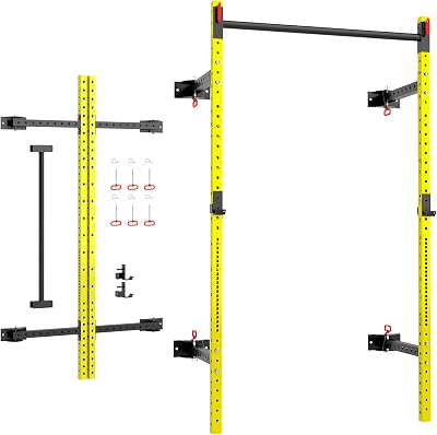 Soozier Wall Mounted Folding Squat Rack with Pull Up Bar, 1000 Pounds Capacity Power Rack, Adjustable Barbell Rack with J Hooks for Home Gym Full Body Workout, Yellow