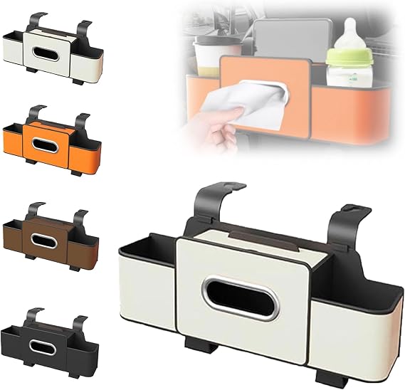 3-in-1 Car Backseat Organizer, Multifunctional Car Seat Back Storage Box, Universal Carseat Back Storage Box Carstorage Bag with 2 Cup Holders & Tissue Box, Hooks (White)