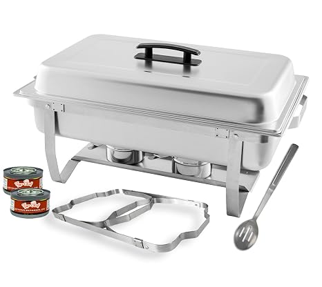 TigerChef 8 Quart Full Size Stainless Steel Chafer with Folding Frame and Cool-Touch Plastic on top - Includes 2 Free Chafing Gels and Slotted Serving Spoon (1, 8 Quart Chafer)