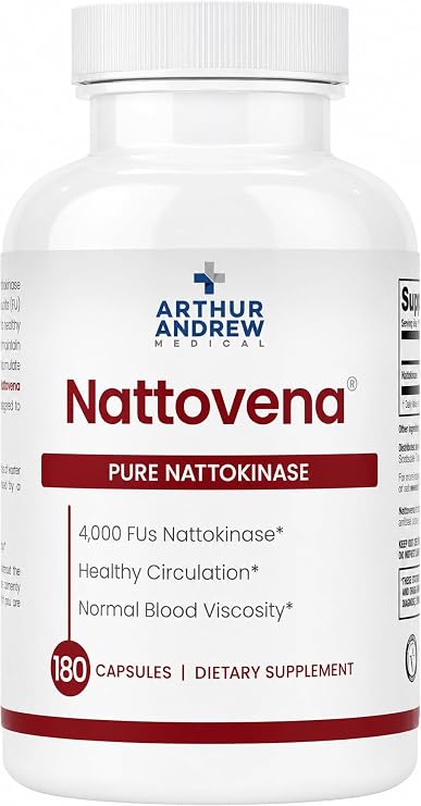 Arthur Andrew Medical, Nattovena, Pure Nattokinase 4000 FU, 180 Capsules | Double Strength Pure Nattokinase 4000 FU. Cardiovascular Support, Healthy Blood Viscosity. Soy Free, Non-GMO, Vegan