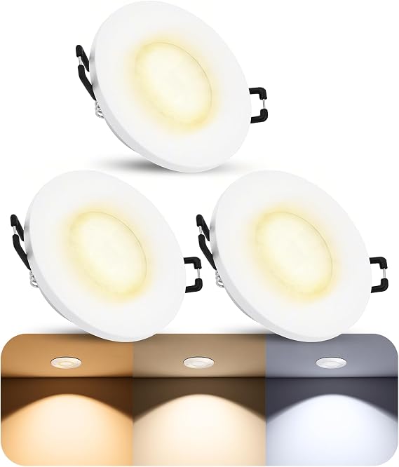 SSC-LUXon Pack of 3 BEDA Recessed Spotlights IP65 Flat 30 mm with LumiFLEX LED Module Changeable 4 W Warm White + Neutral White + Daylight – Recessed Spotlight Outdoor Shower White Round 230 V