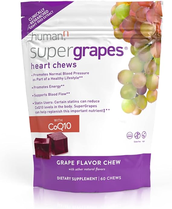 HumanN SuperGrapes Chews Supplement 100mg CoQ10 and Grape Seed Extract from The Makers of SuperBeets - Grape Flavor, 60 Count