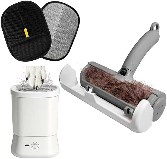 Pet Hair Roller Remover and 2 Pack Hair Removal Gloves Magic Brush,Dog Cat Hair Remover for Couch Furniture Carpet Clothing Bedding,Portable Fur Reusable Lint Roller Tool (Grey)