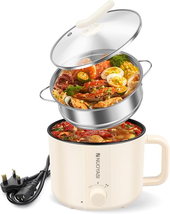 Electric Hot Pot with Steamer, 1.8 L Non-Stick Mini Electric Pot, 2 Gear Rapid Noodles Cooker, Portable Mini Stock Pot with Overheat Boil Dry Protection for Noodle, Pasta, Ramen(Double-Deck)