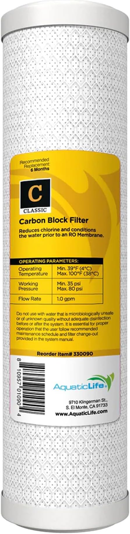 Aquatic Life 10-Inch Pre Carbon Block Replacement Filter Cartridge for RO-DI System Units for Aquarium