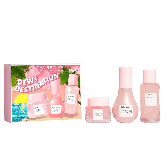 Glow Recipe Dewy Destination Skin Care Set - Watermelon Glow PHA + BHA Pore-Tight Toner (40ml) + Niacinamide Serum Dew Drops (40ml) + Overnight AHA Treatment (60ml) - Vegan Skincare for Glowing Skin