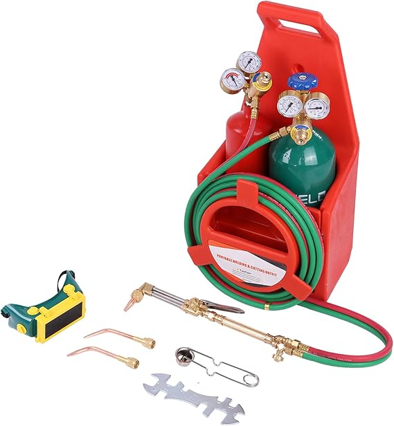Professional Oxygen Acetylene Torch Kit - Portable Welding Brazing Cutting Kit, Oxy Acetylene Torch Kit w/Pressure Gauge, Gas Tank, Long Pipe Brass Nozzle - for Iron, Steel Welding, Red