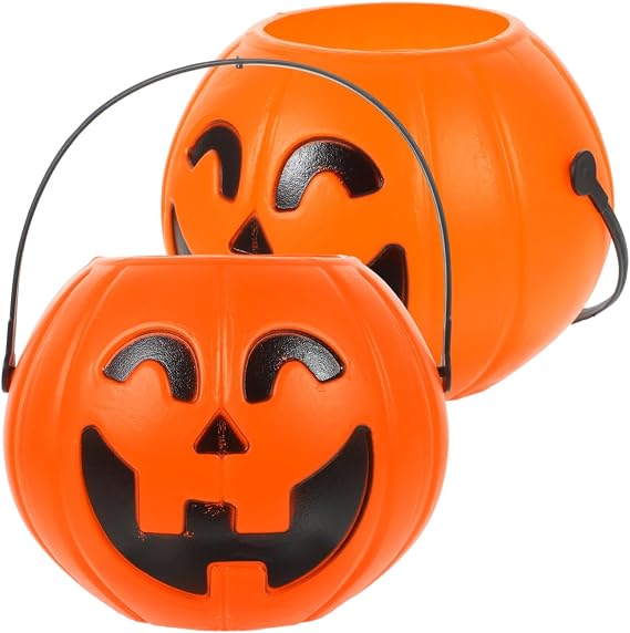2 Pack Halloween Pumpkin Buckets: 6.7 in Mini Halloween Portable Pumpkin Bucket - Trick or Treat Candy Pail Holder for Candy Party Favor,Decoration Props (Plastic)