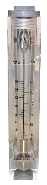 Neo-Pure Adjustable Panel Mount Water Flowmeter with 0.2 to 2 GPM Flow Range, 3/8" MNPT Male Connections Accurate Inline Flow Measurement for RO and Filtration Systems Single Unit