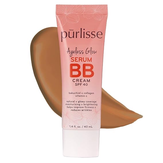 purlisse Ageless Glow Serum BB Cream SPF 40 - Glowy Tinted Moisturizer with SPF - Korean Skin Care Formula with Vitamin C & Bakuchiol to Firm, Brighten & Even Skin - Deep (1.4 oz)
