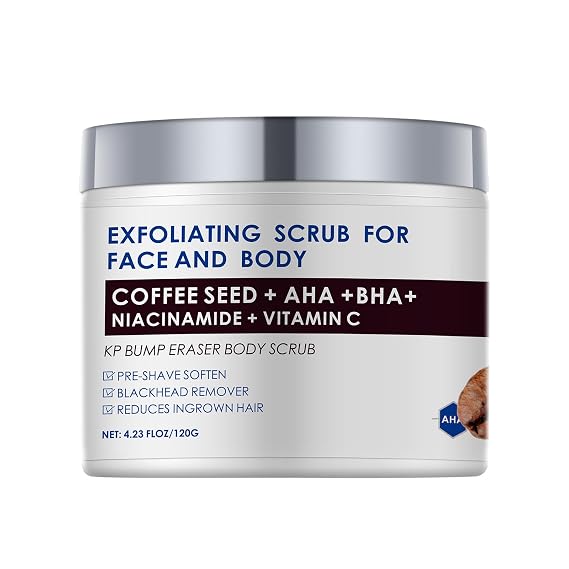 KP Bump Eraser Body Scrub with 10% AHA BHA Ingrown Hair Keratosis Pilaris Razor Bump Treatment Exfoliating Body Scrub Exfoliant Face Scrubs for Strawberry Leg Pre-shaven Blackhead 4.23OZ
